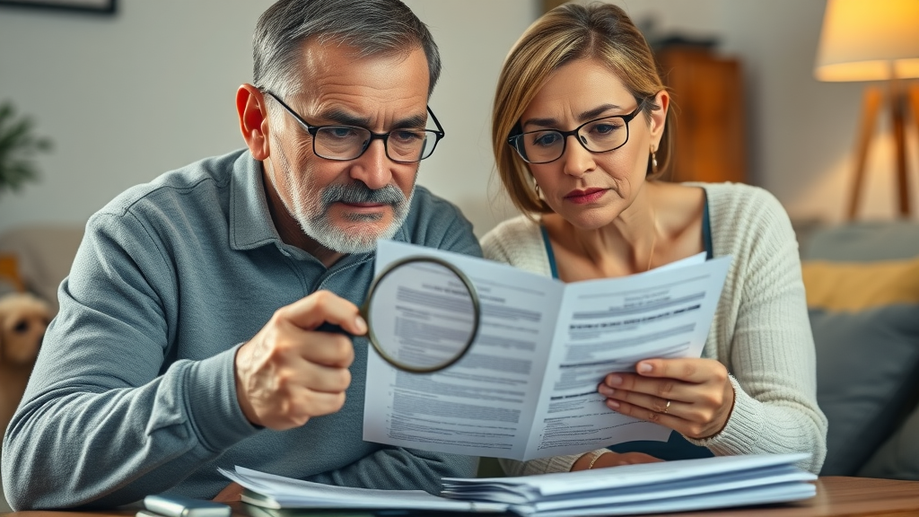 Determined middle-aged couple reviewing home insurance policy with magnifying glass in cozy living room