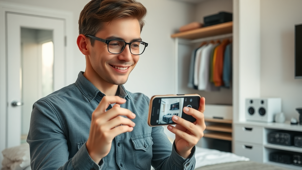 Young homeowner photographing personal property inventory for home insurance
