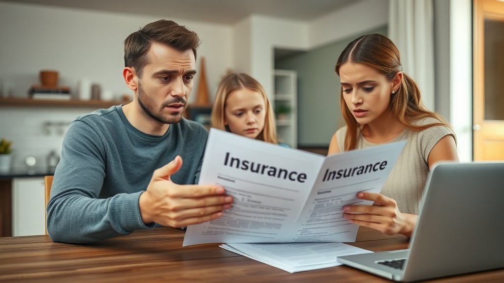 Concerned suburban family reviewing home insurance documents at modern dining table