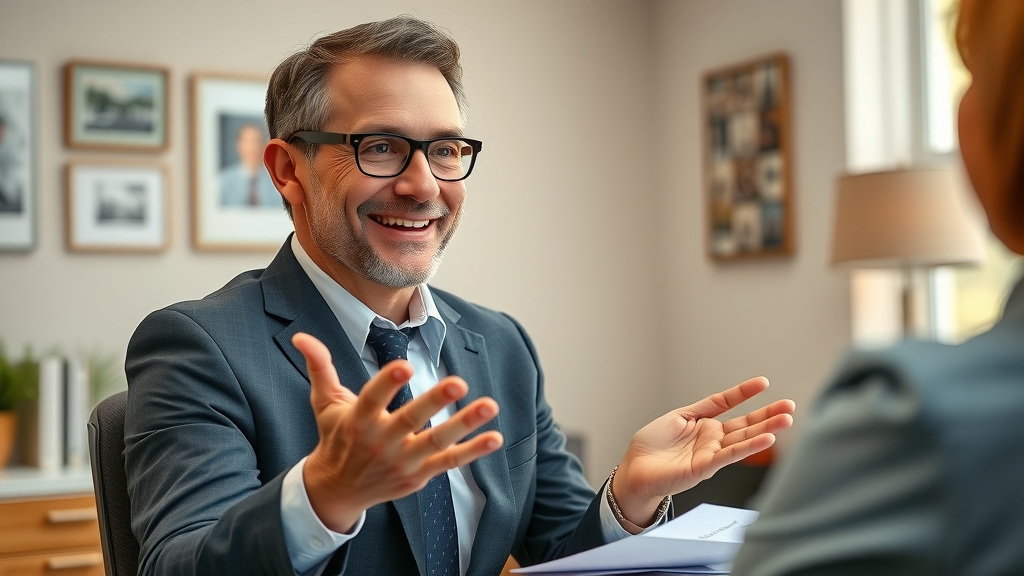 Welcoming insurance agent explaining home insurance coverage to homeowners in a professional office setting