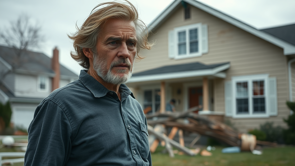 Worried homeowner standing outside storm-damaged house assessing insurance policy needs