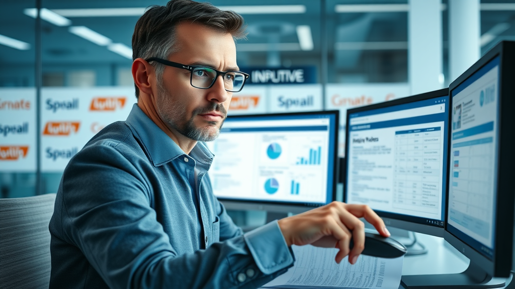 Professional insurance broker comparing homeowners insurance policy options and costs on dual monitors