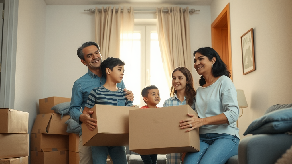 Relocated family unpacking in temporary apartment covered by living expenses in home insurance
