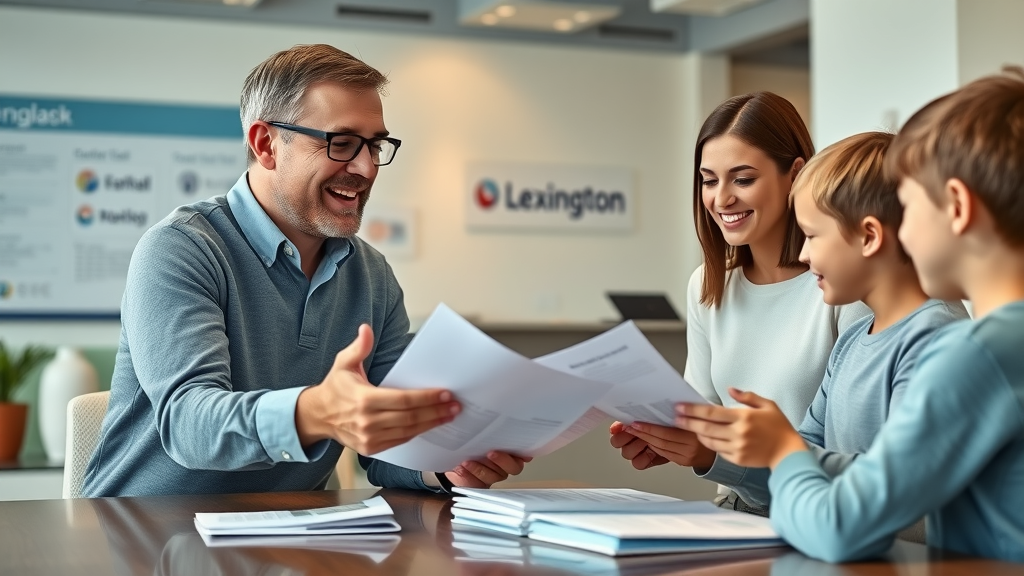Friendly insurance agent discussing auto insurance options with a young family in a Lexington SC office environment, with insurance brochures on the table.