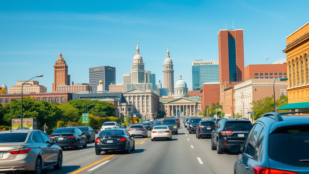 A busy downtown city street with heavy traffic, lined by tall buildings and historic architecture under a clear blue sky—insurance agencies occupy some of the domed and spired structures visible among modern skyscrapers in the background.