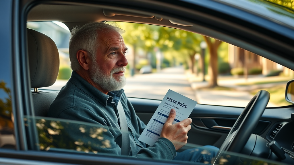 mature Columbia SC driver in car with insurance policy and agent's business card, relaxing on leafy residential street