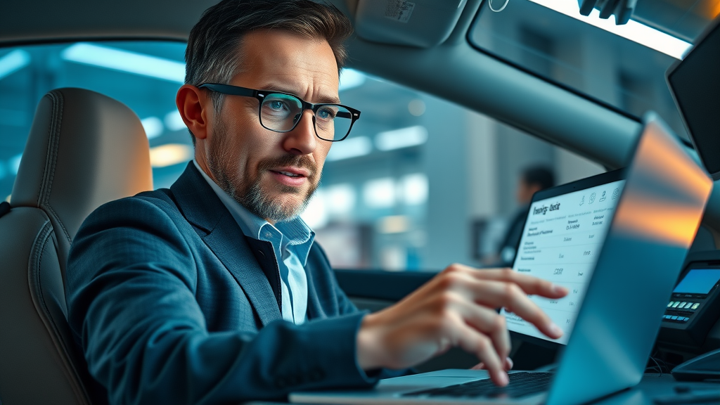 confident Columbia SC driver comparing car insurance quotes online, laptop screen with insurance options in home office
