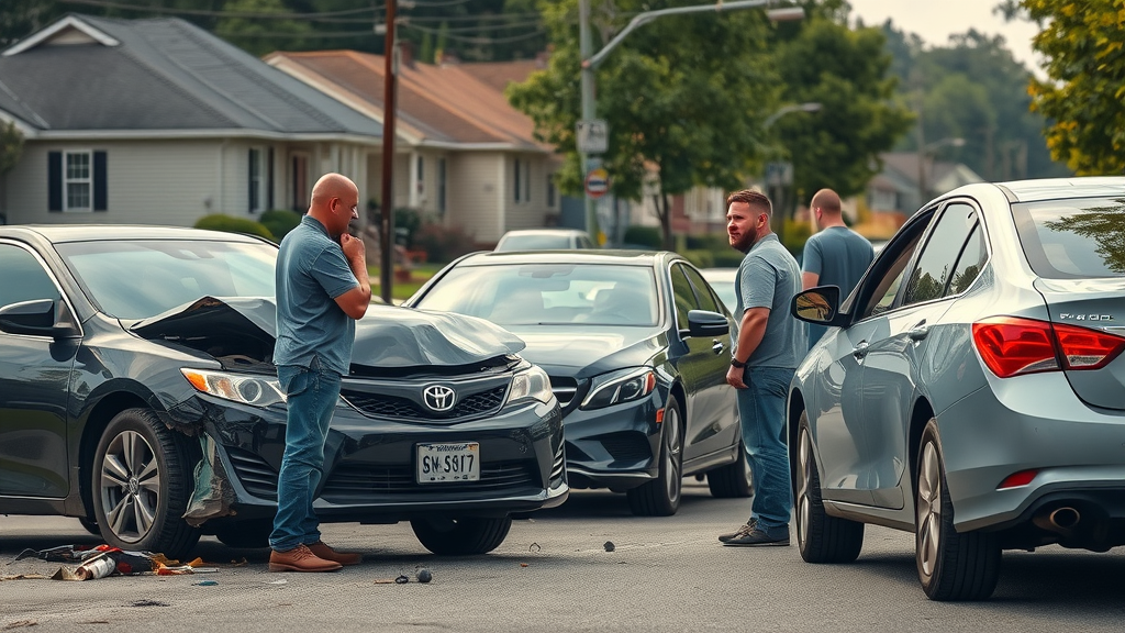 Two men stand next to damaged cars after a traffic accident on a suburban street, likely discussing insurance details. The hood of one car is crumpled, with other vehicles stopped nearby and houses and trees in the background.