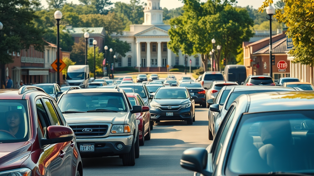 Cars are lined up in heavy traffic on a street in a small town, with a historic courthouse and older brick buildings in the background—a reminder of why good insurance is essential for peace of mind on sunny days like these.