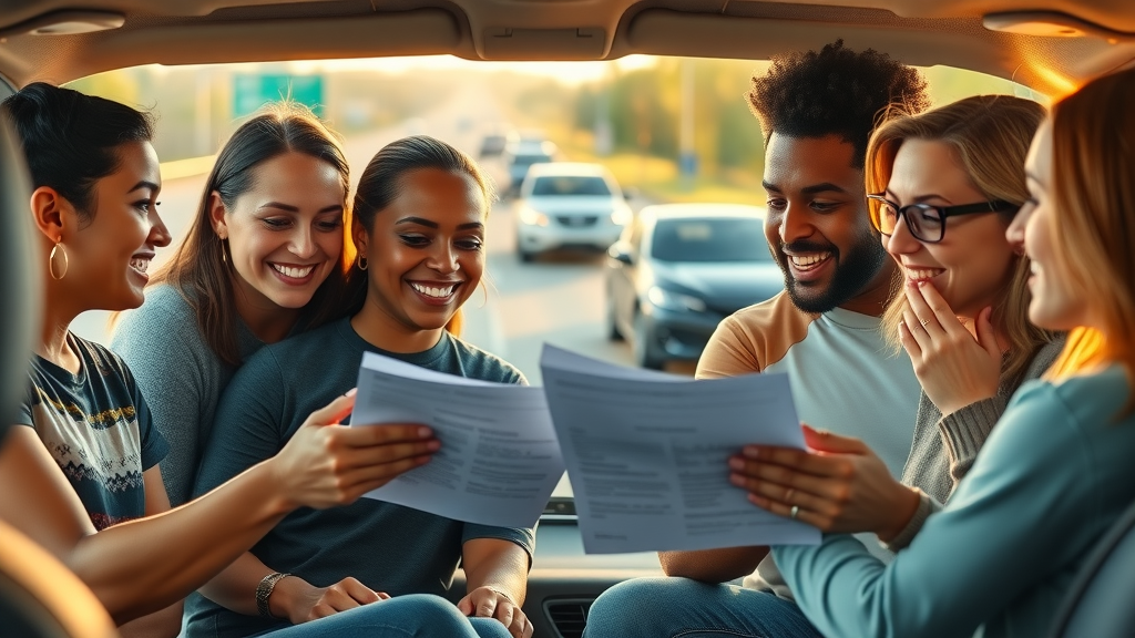 Diverse group of South Carolina drivers reviewing car insurance documents in Lexington, with a highway and vehicles in the background.