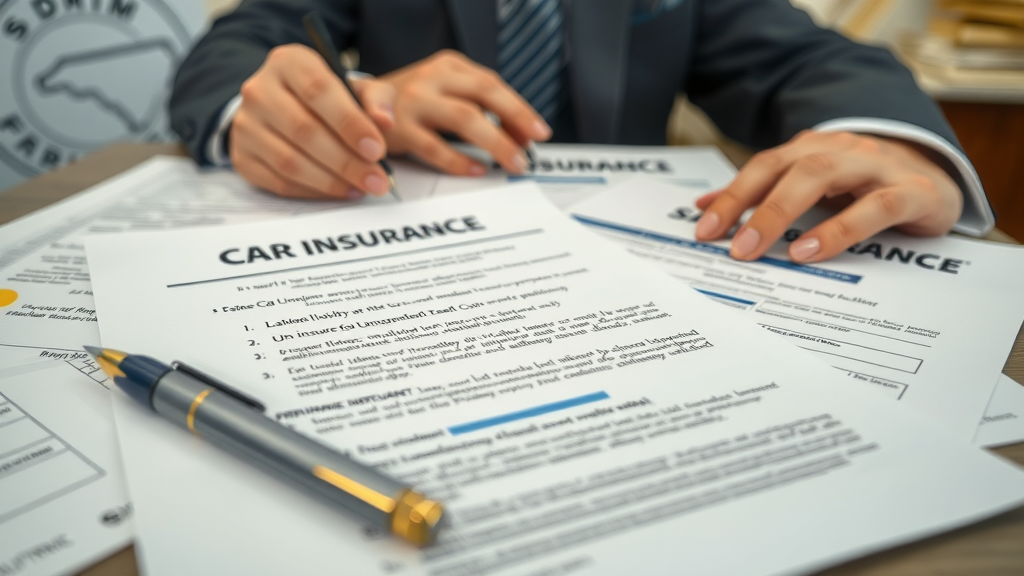 close-up of car insurance documents highlighting liability and uninsured motorist coverage for south carolina drivers