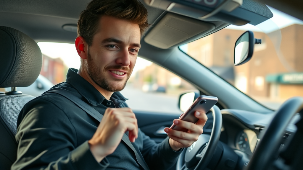 Confident South Carolina driver tapping a smartphone insurance app to get a car insurance quote in Lexington SC.