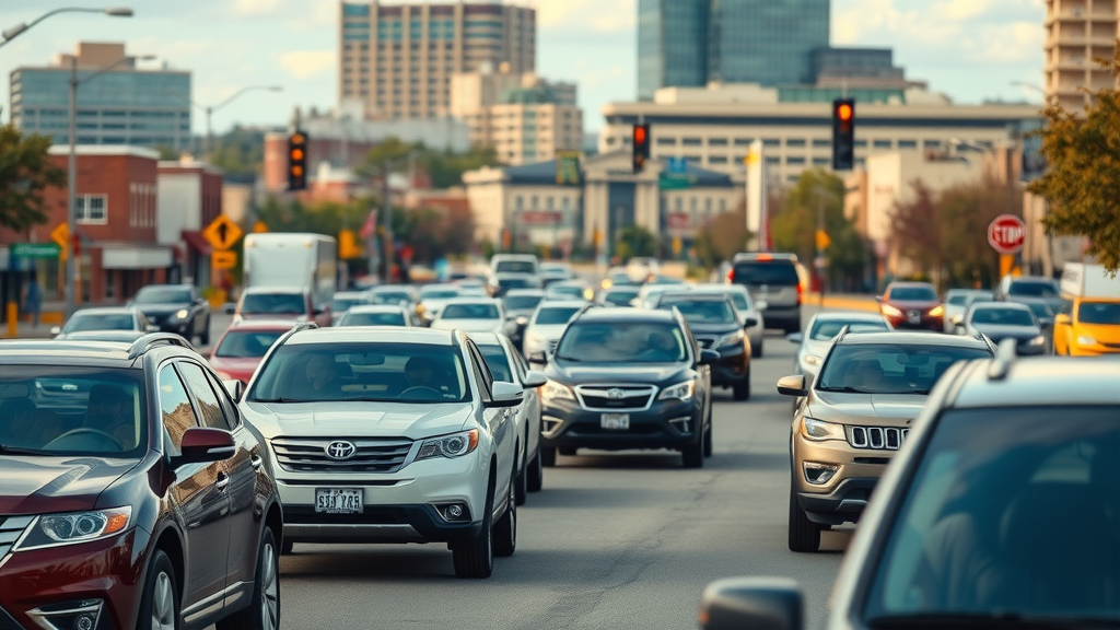 vibrant cityscape of Columbia SC showing car insurance needs, with various vehicles and landmarks - columbia sc vehicle insurance coverage