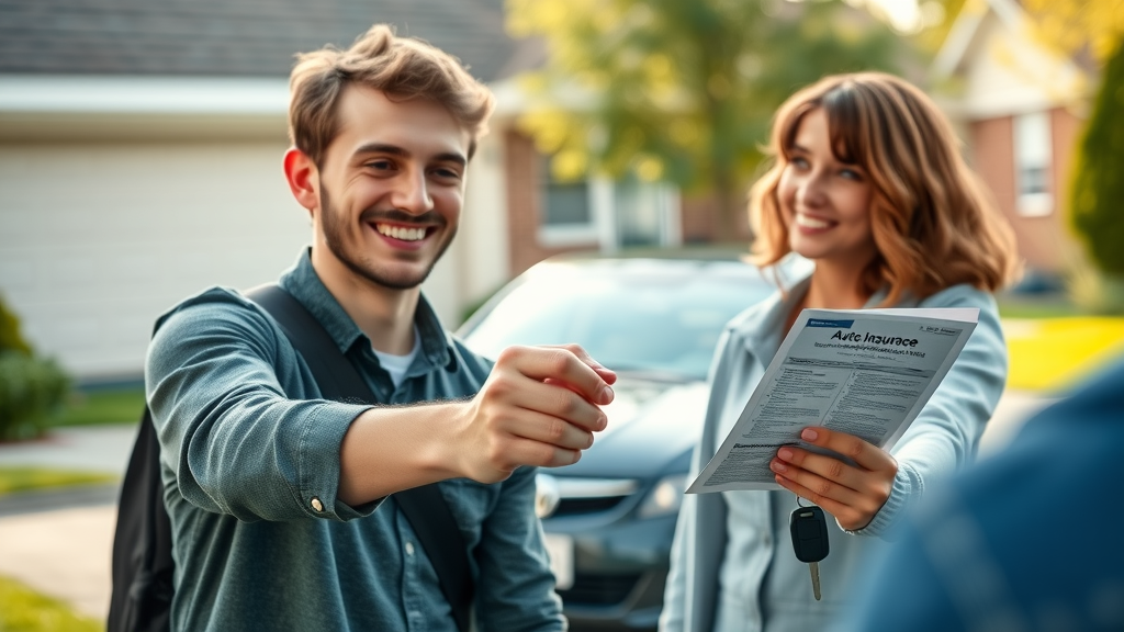 upbeat teenage driver in Columbia SC receiving car keys and insurance policy, parent nearby, springtime driveway