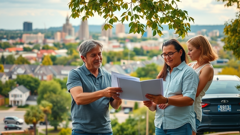 Three adults stand outdoors, reviewing insurance documents together, with a cityscape in the background and trees partially shading them. A car is parked nearby, and houses and buildings are visible in the distance.