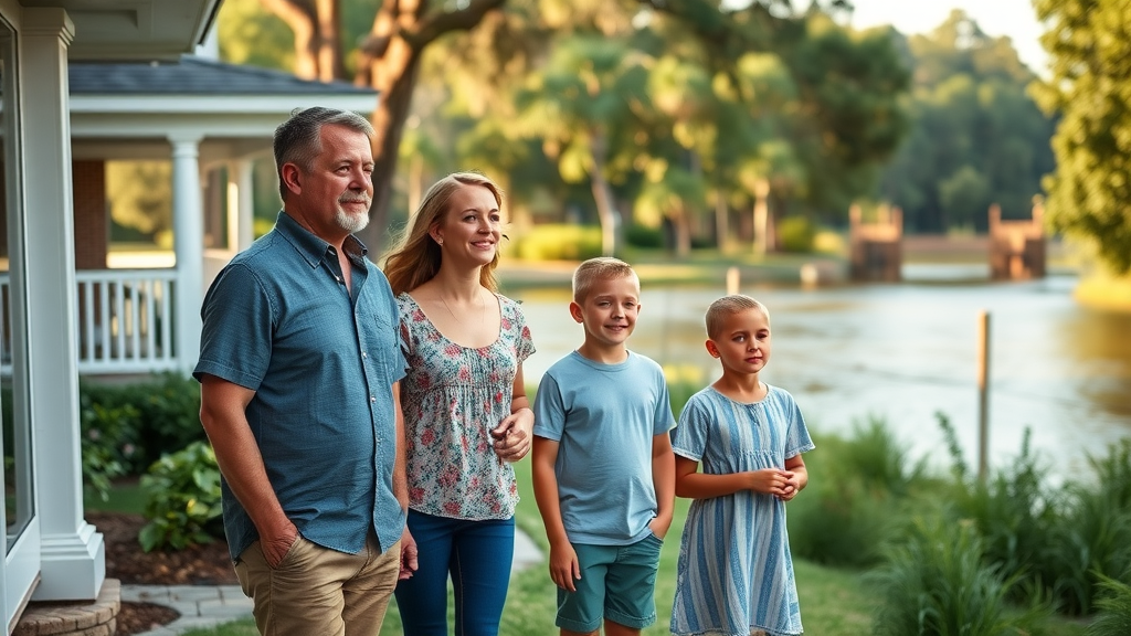 Family stands outside home by Broad River, discussing homeowners insurance and flood coverage; columbia sc insurance faqs