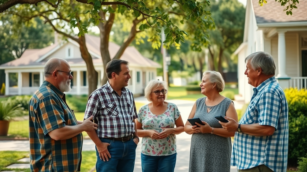 Residents in a safe inviting South Carolina neighborhood discussing insurance policies; Columbia SC insurance FAQs