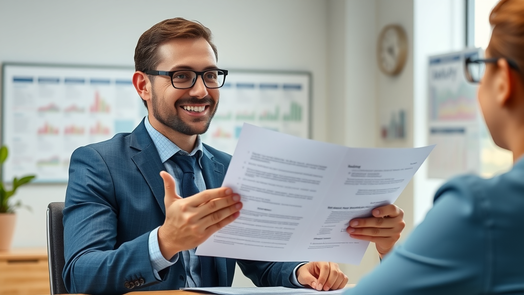 Confident insurance agent explaining full coverage car insurance Columbia SC options to a client, with policy documents and coverage charts.