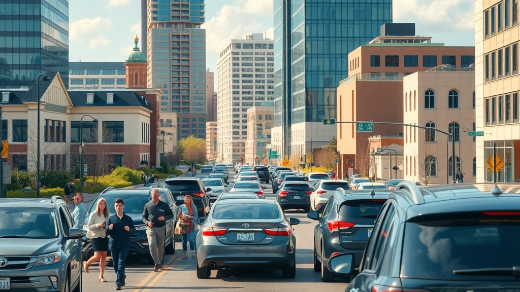 Busy city street with heavy traffic and several pedestrians crossing between cars on a sunny day. Tall modern buildings line both sides, creating an urban environment where car insurance is essential for safety and peace of mind.
