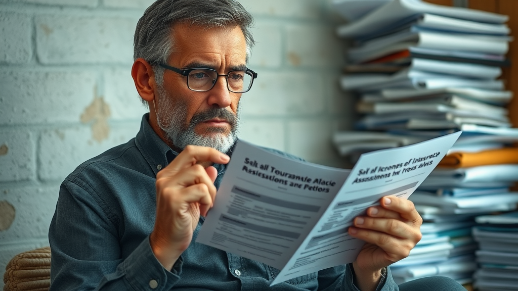 concerned local resident, pensive, studying insurance bills and risk assessments, evaluating options, Photorealistic High Fidelity Lifelike, background shows weather-mapped wall and stacked documents, highly detailed, storm and economic indicators, cool muted colors, sharp side lighting, shot with a 35mm lens.