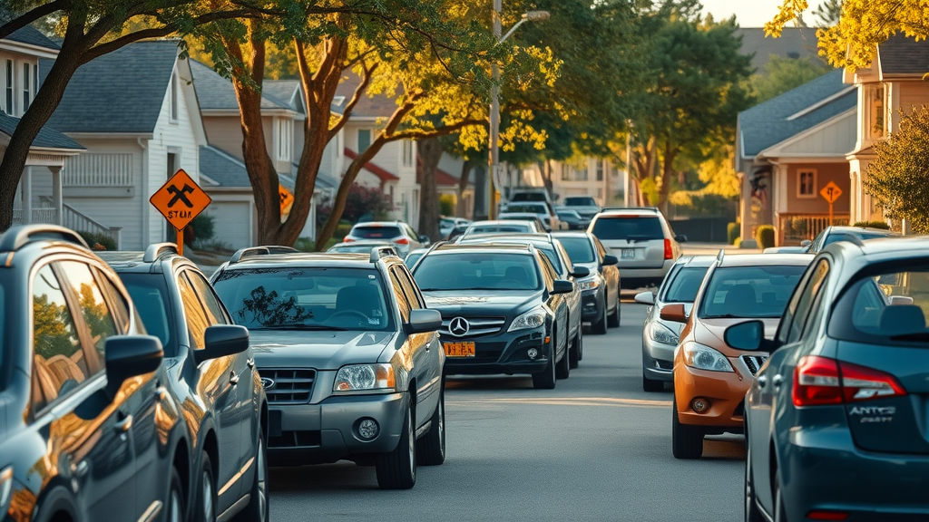 Diverse vehicles in a residential neighborhood in Columbia SC, highlighting car insurance and community safety considerations.