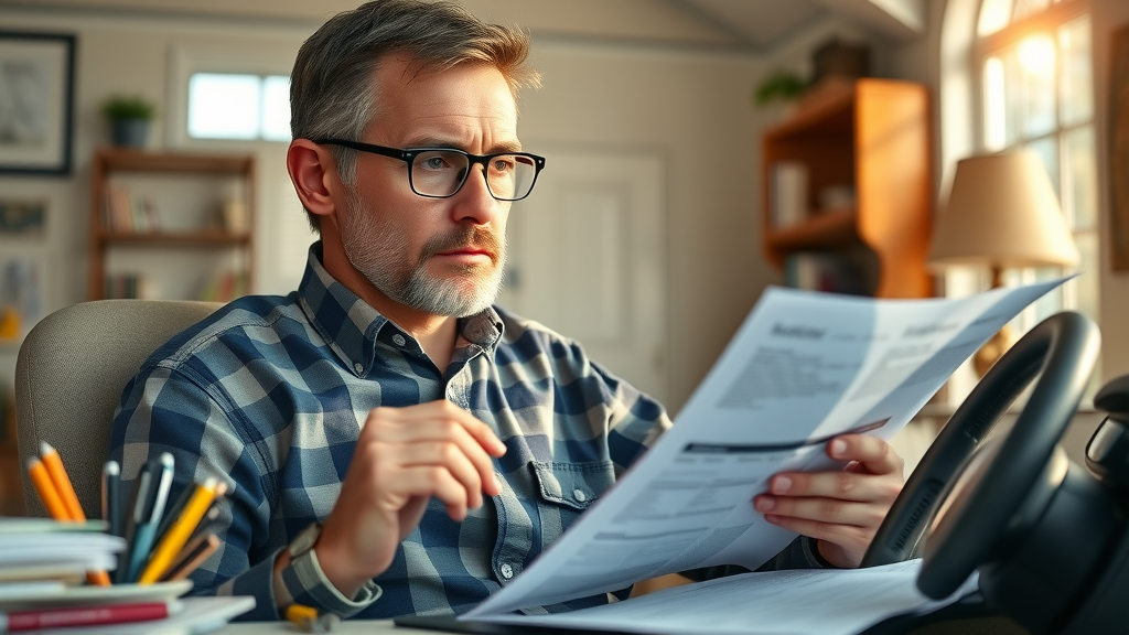 South Carolina driver reviewing car insurance policy and bills at home office
