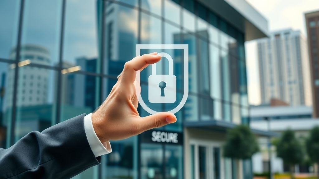secure modern commercial building in Columbia, SC, reassuring, reflects business stability, illustrating safety measures, Photorealistic High Fidelity Lifelike, background with active business district, highly detailed, glass facade reflecting city, blue and neutral color palette, soft overcast daylight, shot with a tilt-shift lens.