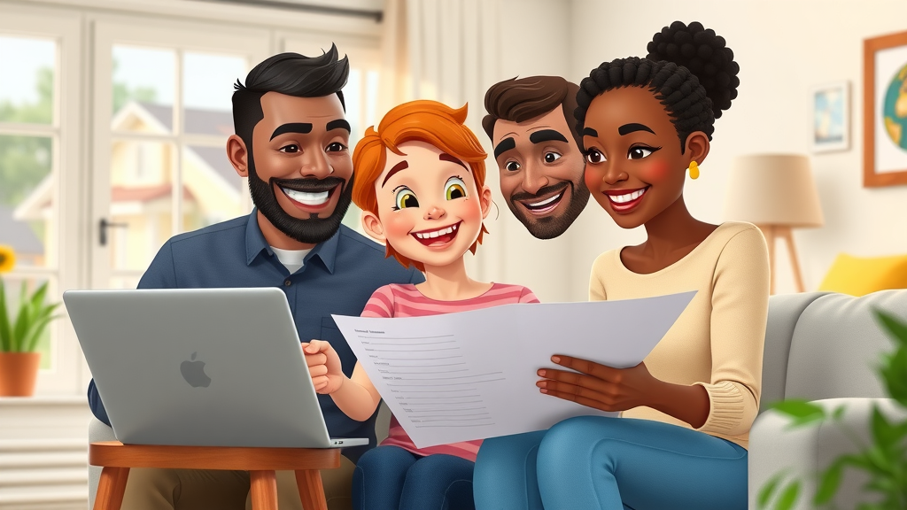 happy diverse Columbia SC family reviewing state minimum car insurance quotes on laptop together, bright cheerful home, collaborative decision-making