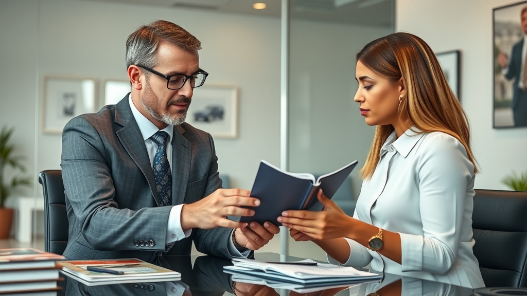 professional Columbia SC insurance advisor recommending car insurance upgrades, consulting with client couple, modern office, highly detailed