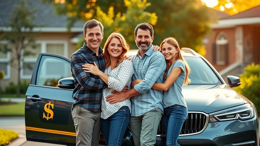 Happy Columbia SC family standing by their insured new car, feeling secure with full coverage car insurance.
