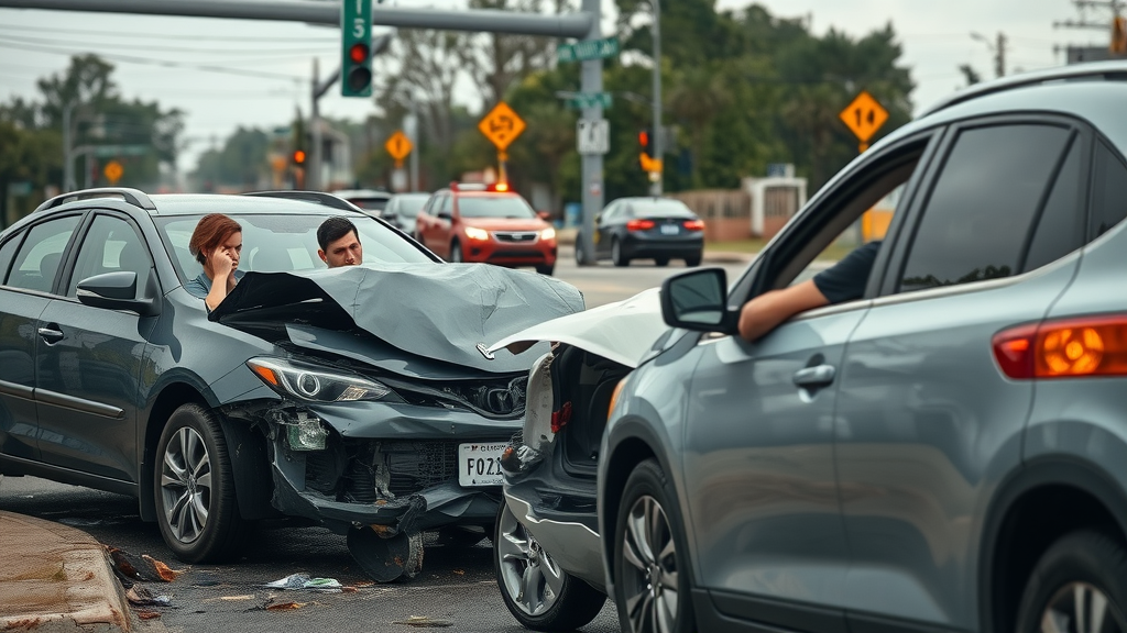 stressful accident aftermath in Columbia SC, drivers assessing minimum car insurance property damage, urban intersection, worried expressions, emergency response present