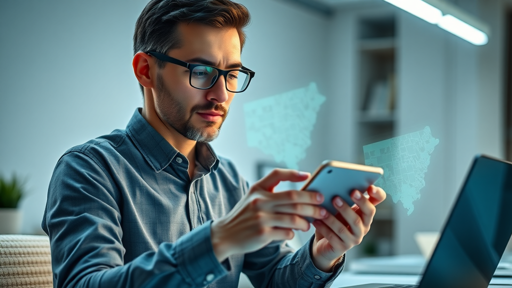 organized Columbia SC resident comparing state minimum car insurance rates on smartphone, digital visualization of insurance coverage options, futuristic workspace