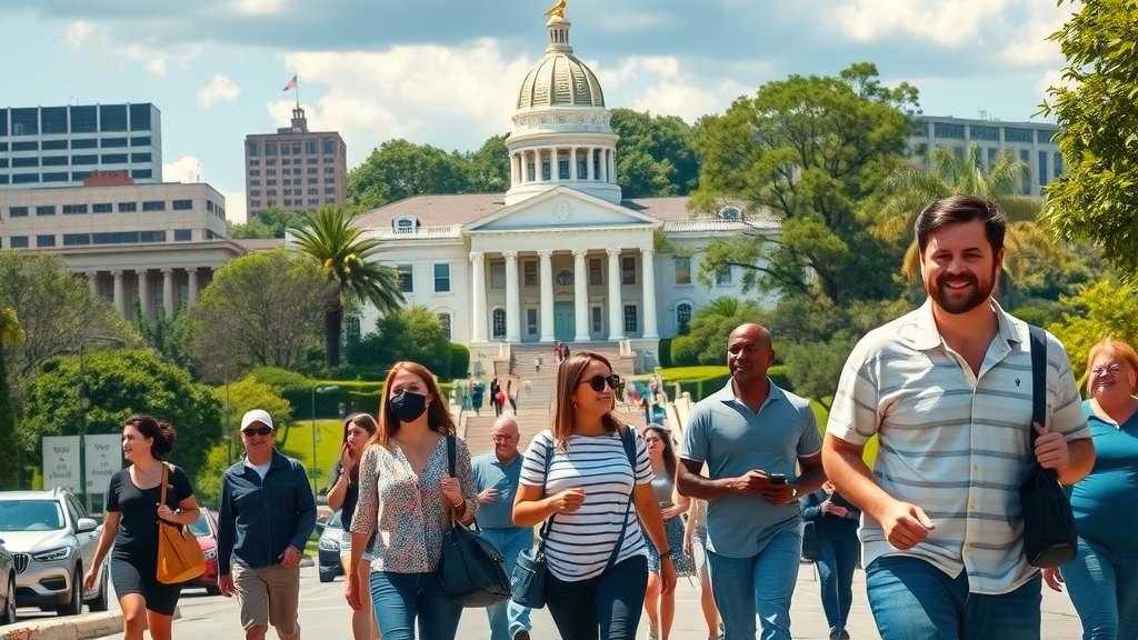 A diverse group of people walk outdoors on a sunny day near a domed government building and lush greenery. Some are smiling, one person wears a face mask, and another holds an insurance brochure.