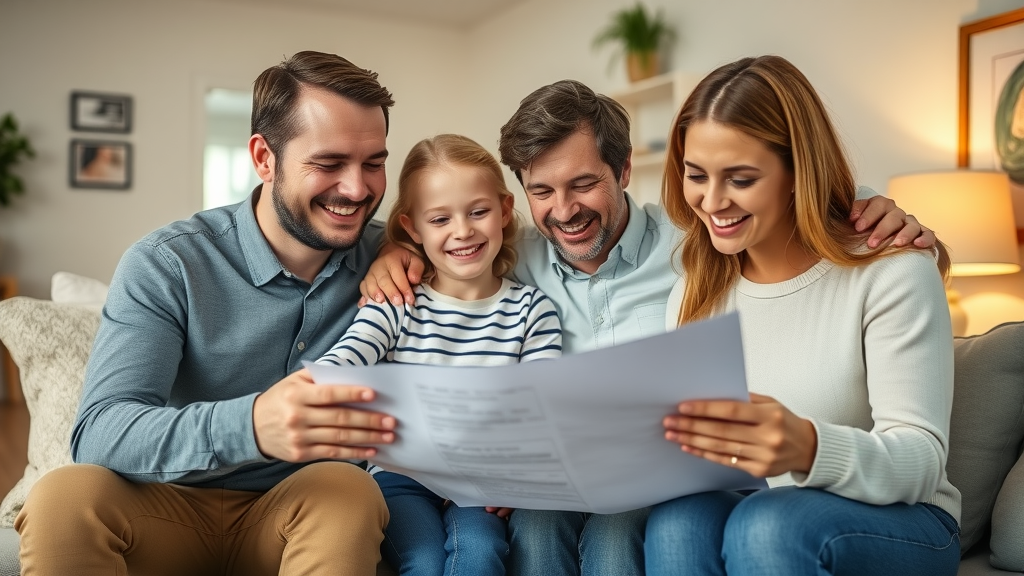 smiling family of four, hopeful, reviewing insurance documents at home with an agent, trusting atmosphere, Photorealistic High Fidelity Lifelike, background is a cozy Columbia SC living room, highly detailed, family-focused details, soft pastel colors, warm lamplight, shot with a portrait lens.