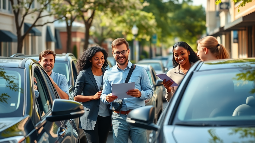 Diverse drivers in Columbia SC reviewing car insurance paperwork near parked cars