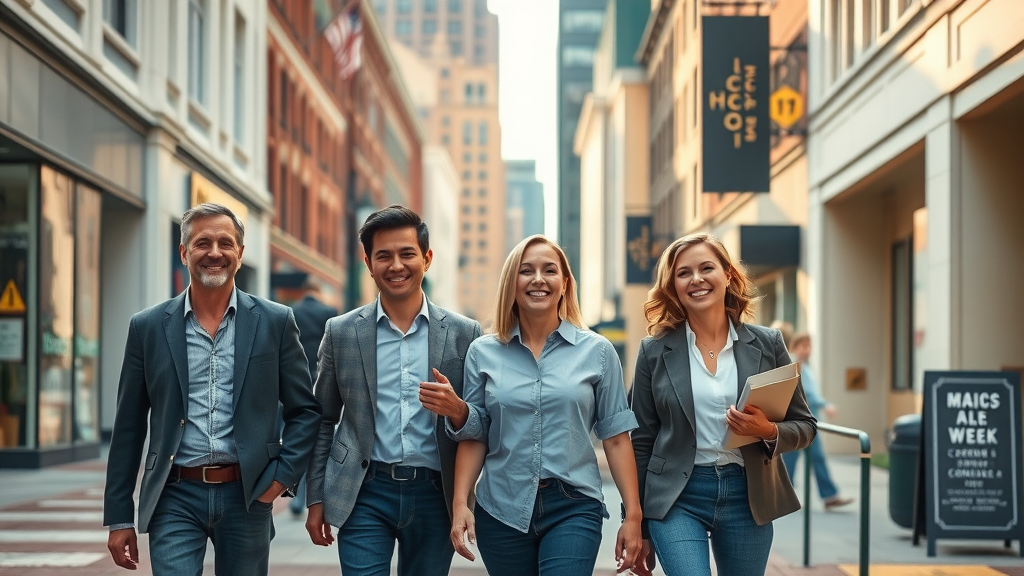 Four professionally dressed people walk together on a city street, smiling and appearing confident—perhaps discussing insurance solutions—with urban buildings and sidewalk signs in the background.