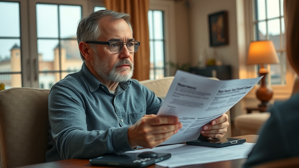 concerned South Carolina driver reviewing state minimum car insurance Columbia SC documents at home, Columbia cityscape visible through window, rich warm tones, highly detailed and lifelike