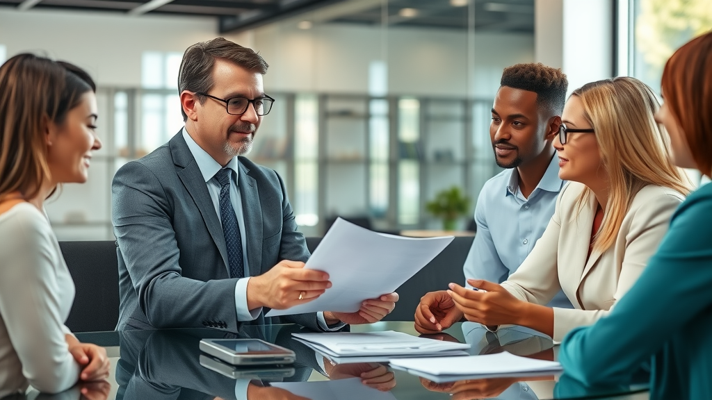 professional insurance agent, confident, explaining policy options to diverse clients, discussing documents, Photorealistic High Fidelity Lifelike, background is a modern Columbia, SC office environment with branded decor, highly detailed, subtle paperwork on a glass table, corporate and welcoming colors, daylight streaming through windows, shot with a 50mm lens.