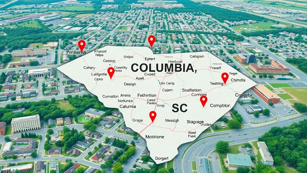 Detailed Columbia SC map with highlighted zip codes and neighborhoods for car insurance discounts