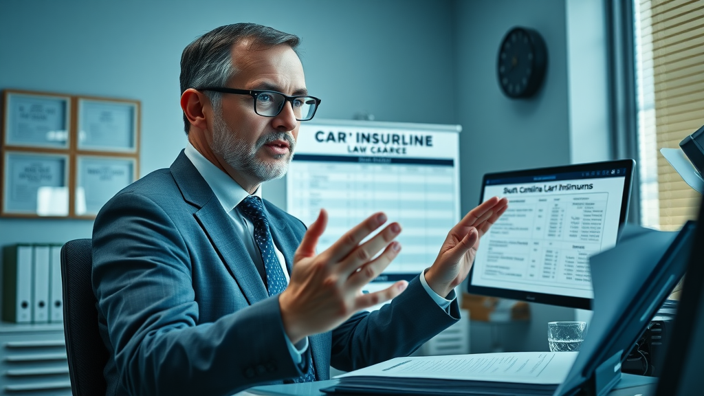 authoritative insurance agent explaining South Carolina minimum car insurance law and liability limits in modern Columbia office, with law books and charts, highly detailed and instructive