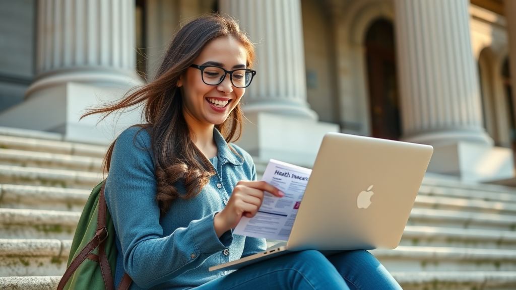 Happy international student at Columbia University steps, using laptop to review health insurance