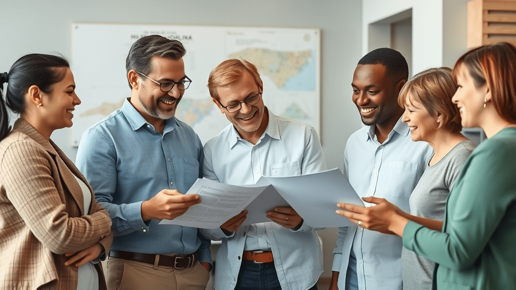 friendly diverse insurance agents consulting with a local family about Columbia South Carolina insurance guide in a modern office