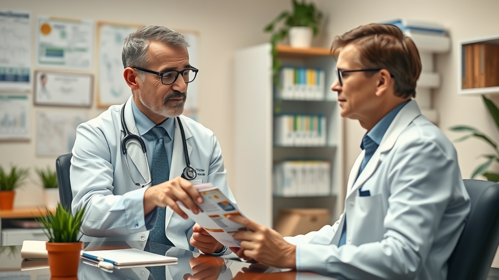 Doctor consulting patient about alternative treatments to Zepbound, pointing to treatment brochure