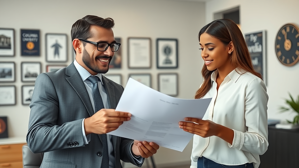 A man in a suit and a woman in business casual attire stand in an office, smiling and reviewing insurance documents together. The background features framed certificates and a large wall clock.