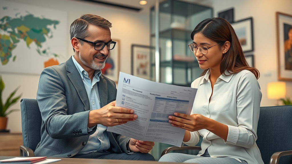 Supportive health insurance representative guiding international student and family through claims paperwork, global office decor
