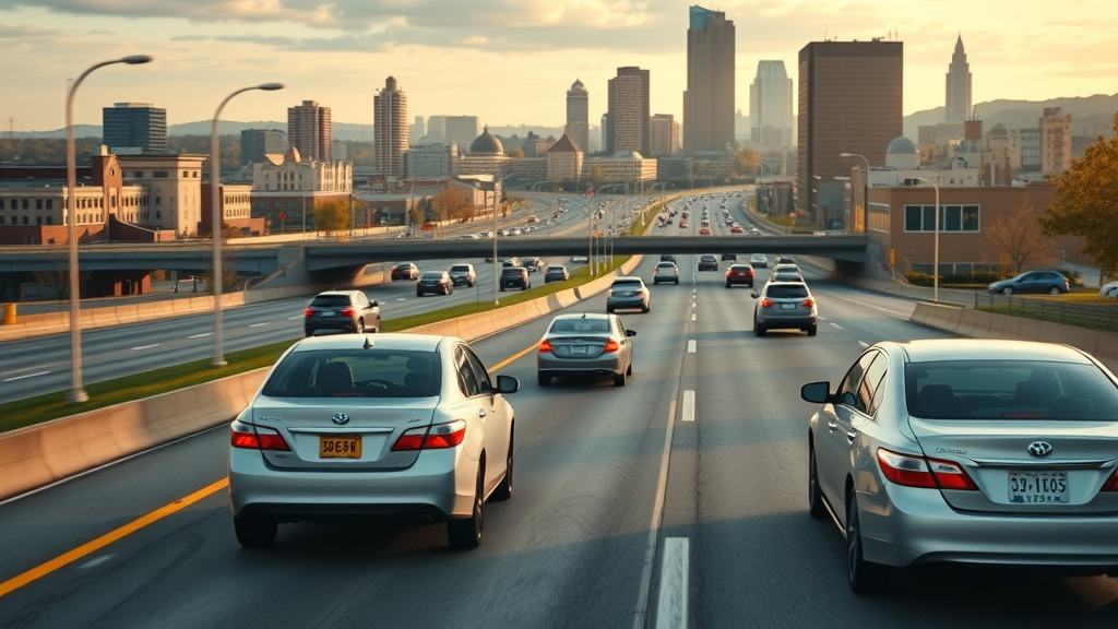 Cars drive on a busy highway toward a city skyline at sunset, with tall buildings in the background and light traffic on multiple lanes, reminding drivers of the importance of reliable insurance for peace of mind on every journey.