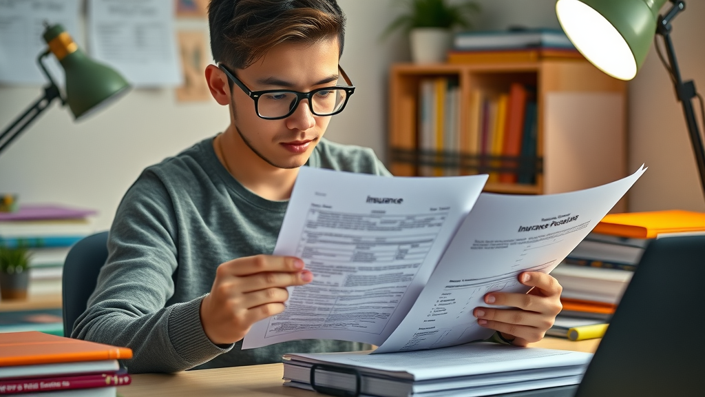 Organized student reviewing insurance documents and notes, referencing digital and paper paperwork in study space