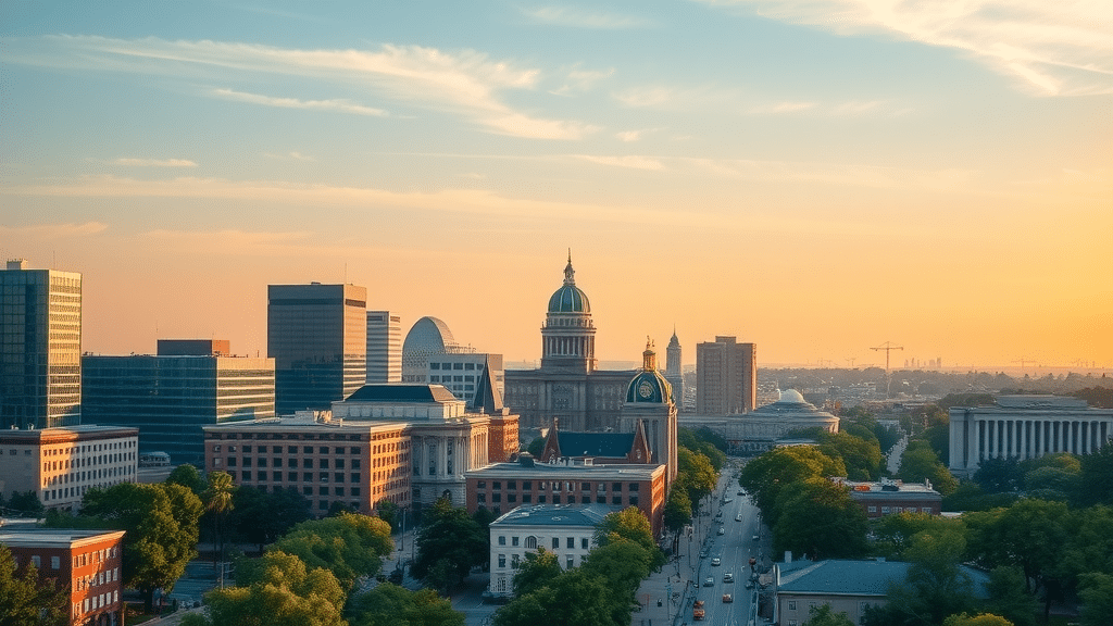 modern city view of downtown Columbia, South Carolina with state capitol, business district skyline, vibrant sunrise, columbia south carolina insurance guide