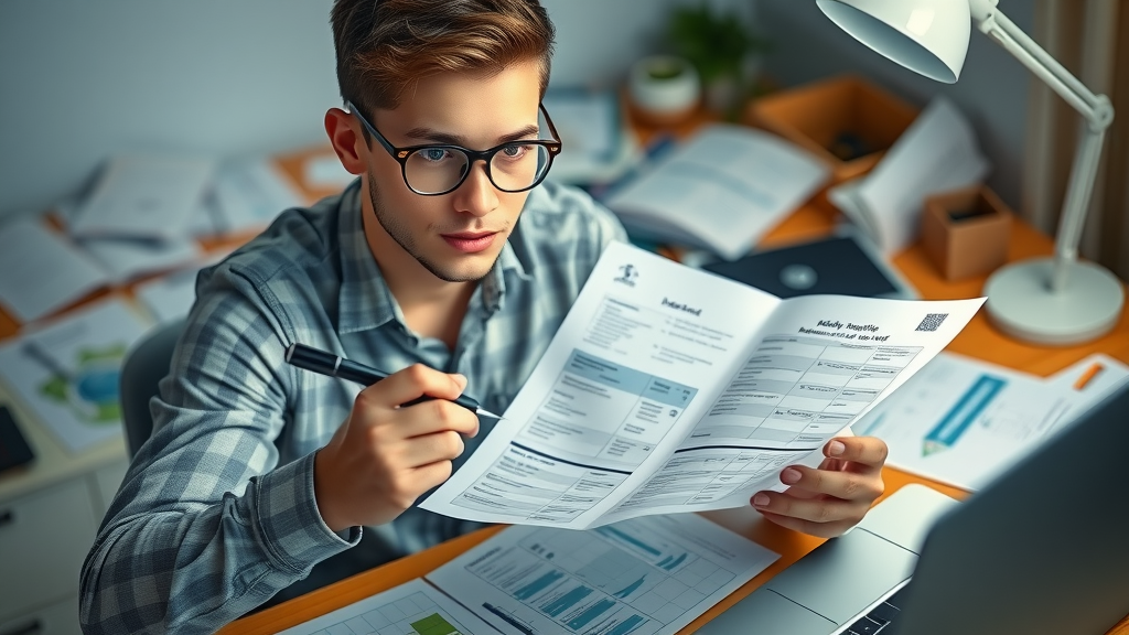 Young person reviewing health insurance plan options, highlighting documents at cluttered desk