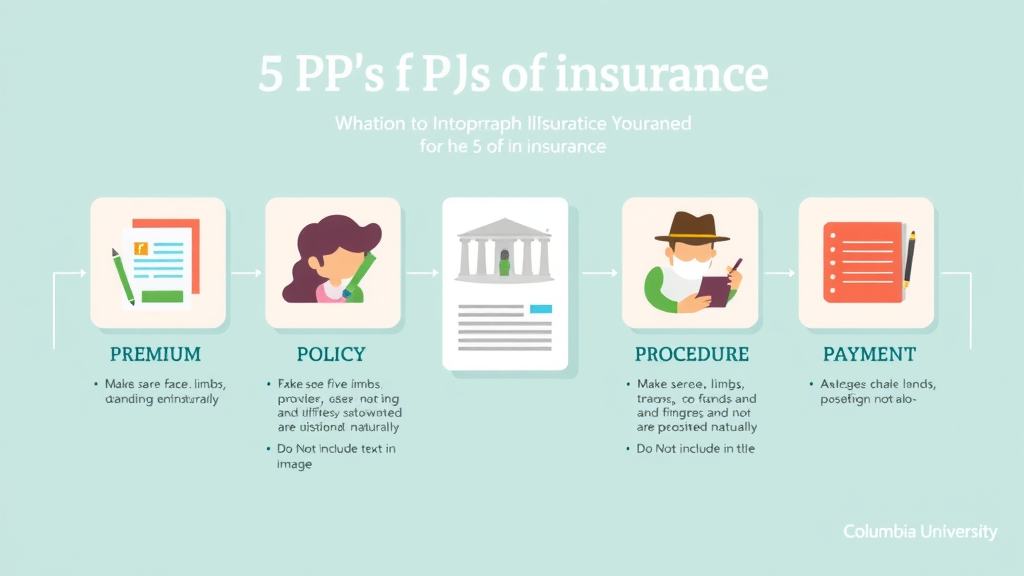 Infographic explaining the 5 P's of insurance: Premium, Policy, Provider, Procedure, Payment, with a subtle Columbia University logo
